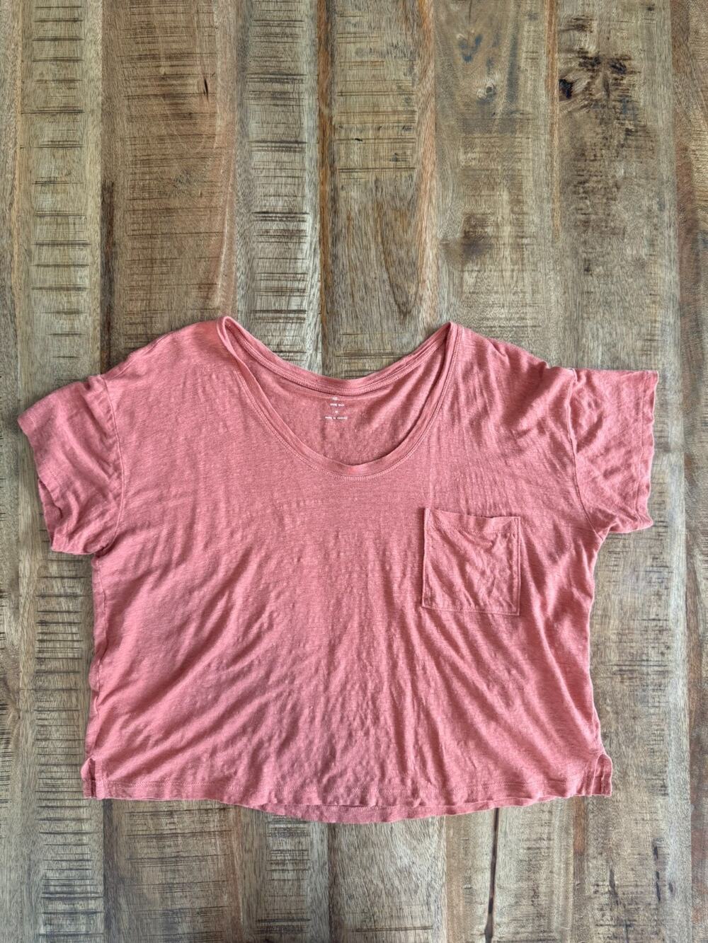 Lou & Grey for Loft Pocket T-Shirt Size M Pink Linen Short Sleeve Scoop Neck